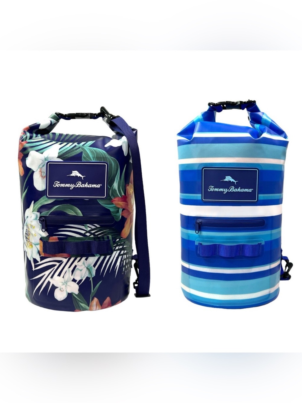 NWT Tommy Bahama 20L Waterproof Dry Bag 2 Pack in Dark Floral & Harbor Stripes